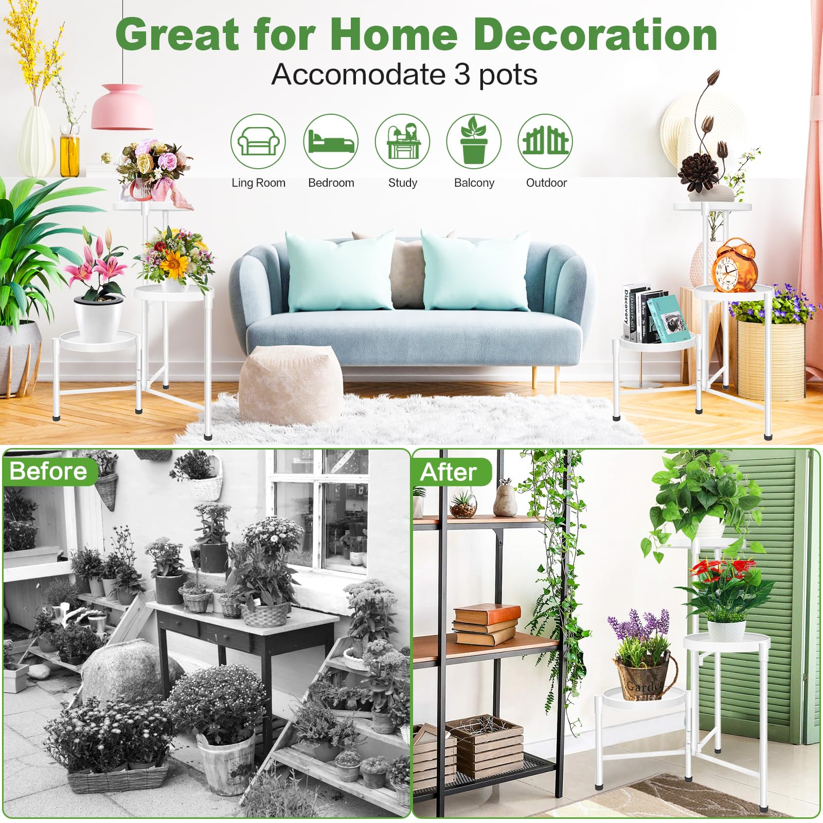 Soporte esquinero de metal de 3 niveles para interiores y exteriores, soporte para múltiples macetas de 30 pulgadas de alto, organizador de plantas de hierro para sala de estar, jardín, patio, 6