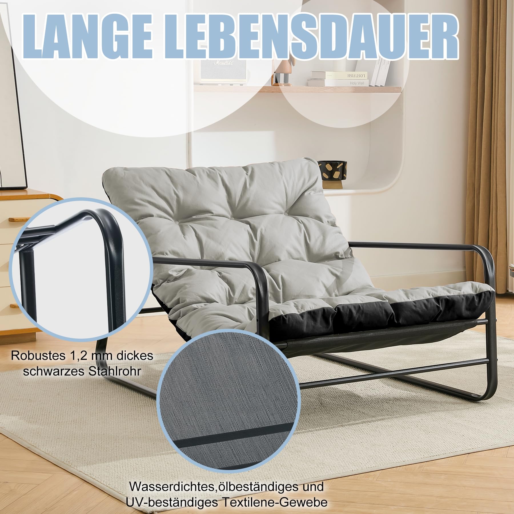 Sillón de salón de jardín con cojín reversible, sillón de jardín, balcón, muebles de acero, silla acolchada para 2 personas, sillón de jardín, exterior, balcón, jardín, terraza (gris oscuro+