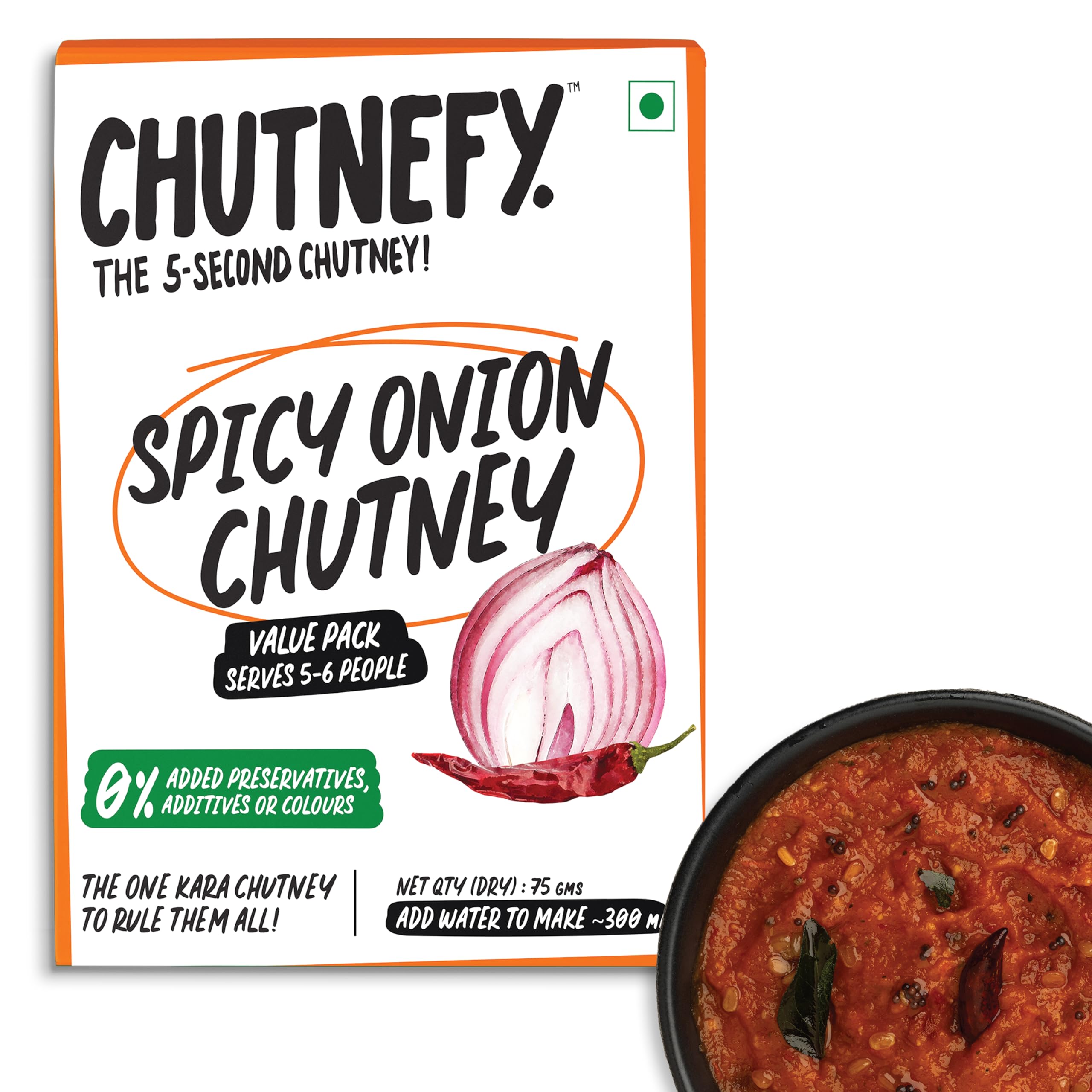 CHUTNEFY|Spicy Onion (Kara) Chutney|100% Natural Ingredients|75gms (Dry) Reusable |Add Water to Make 300ml|5-6 Servings|The All-time Classic Red Chutney