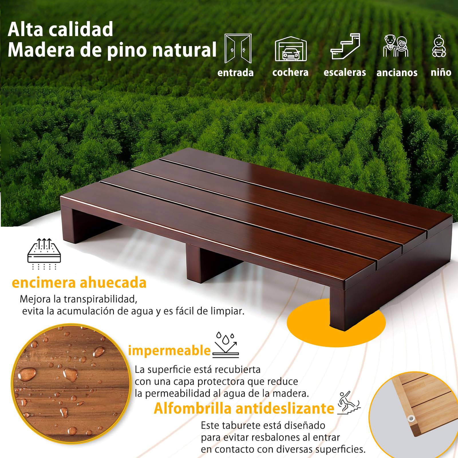 taburetes Escalera,Taburete de Cama,Parte Inferior Antideslizante,para Ancianos con Capacidad de 105 kg,para Cocina, baño.(80×30×15cm Marrón)