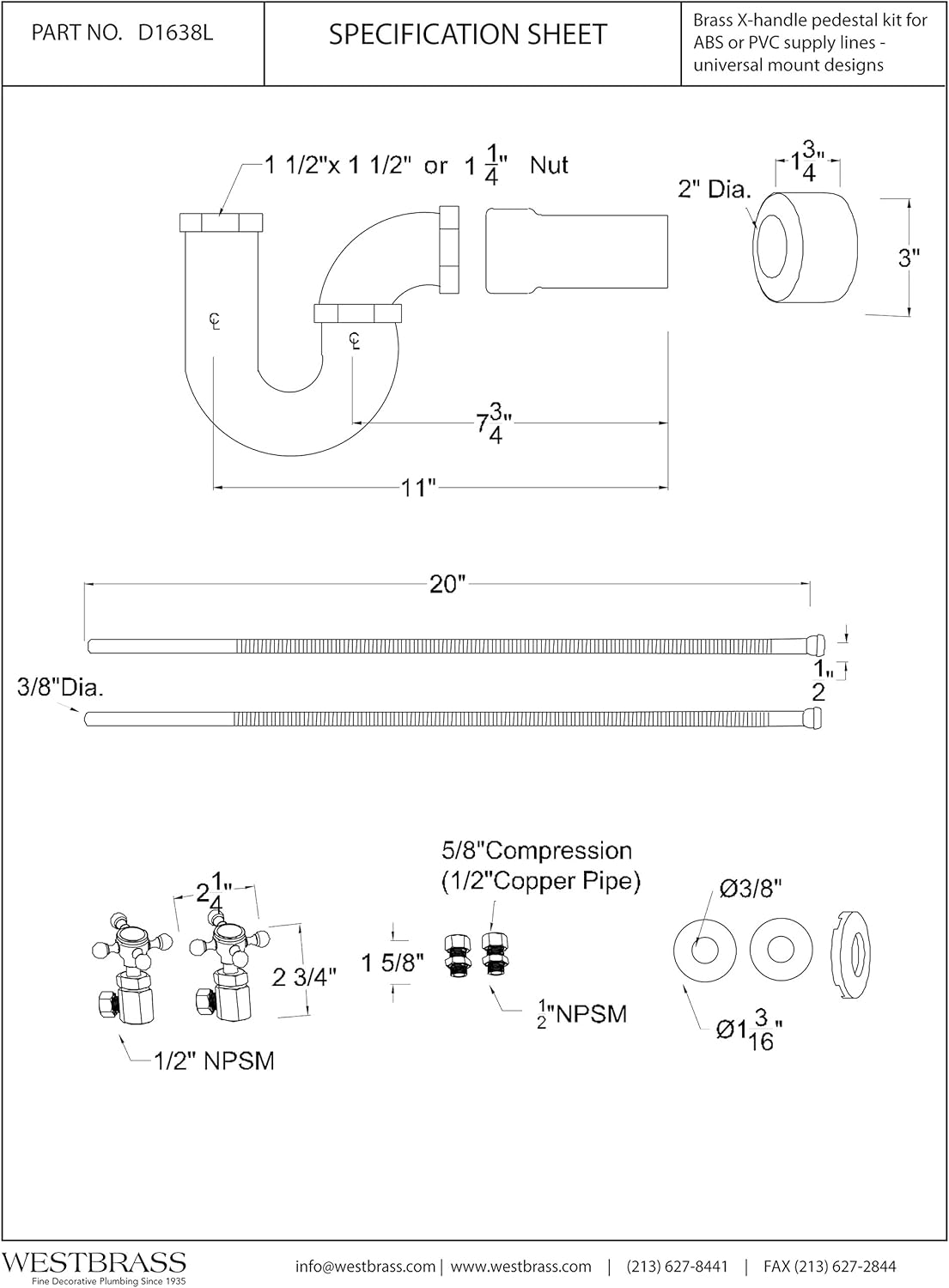 Westbrass D1638L-26 LA-Style Freestanding Lavatory Pedestal Sink Kit with Supply Line Risers, P-Trap, Flanges and Cross Handle Angle Stops, Polished Chrome