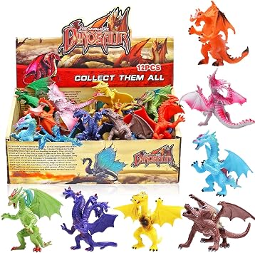 YeoNational&Toys 12 Piece Dragon Toys,4 Inch Mini Dragons Sets With Gift Box,Assorted Realistic Looking Figure, Non-toxic Safety Materials ABS Vinyl Plastic Dragon,Party Favors Toy For Boys Kids