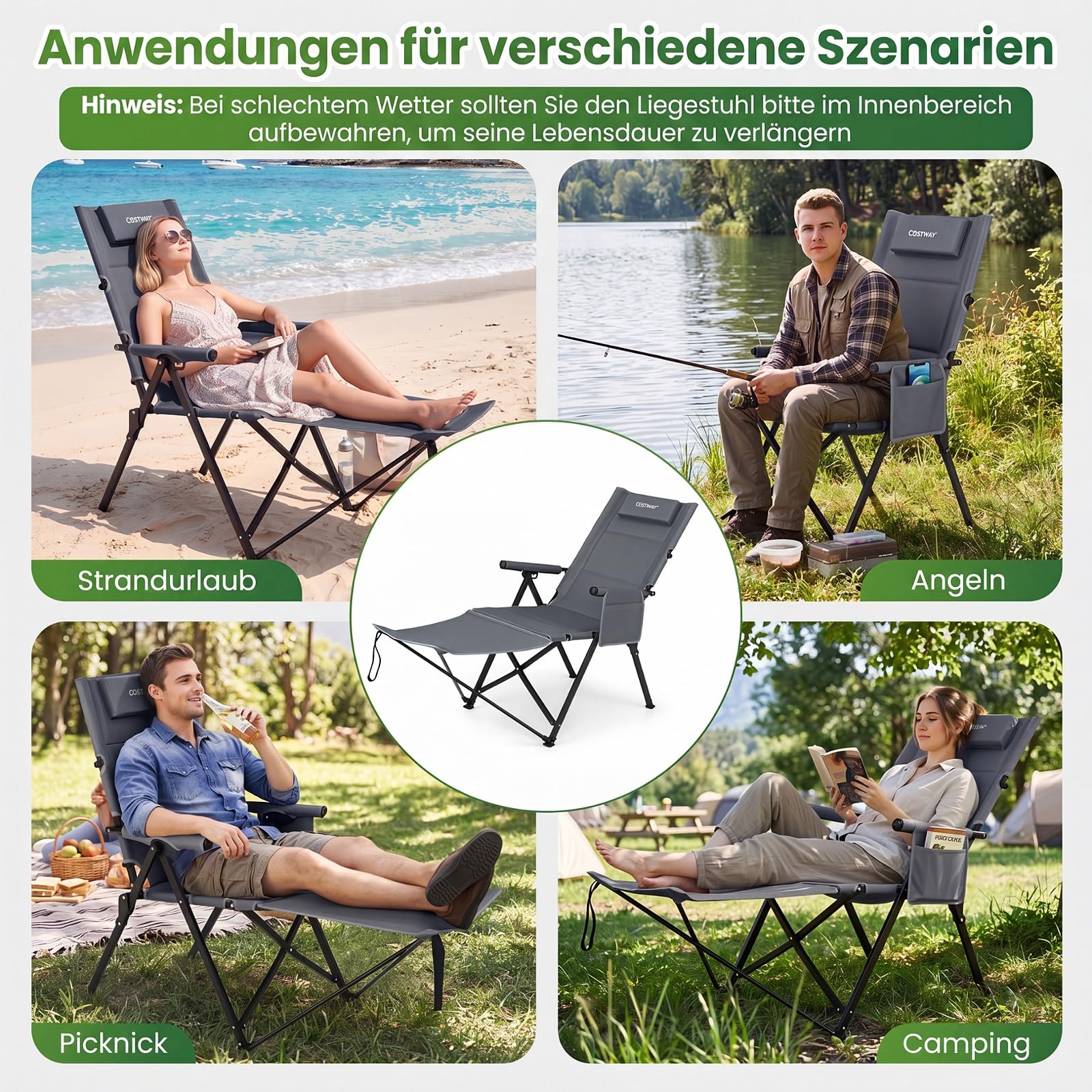 COSTWAY Campingstuhl mit Fußablage, klappbarer Liegestuhl (Grau) | 4-fach verstellbare Rückenlehne, Kopfstütze & Seitentasche, Hochlehner Gartenstuhl, Strandstuhl, Klappstuhl für Camping