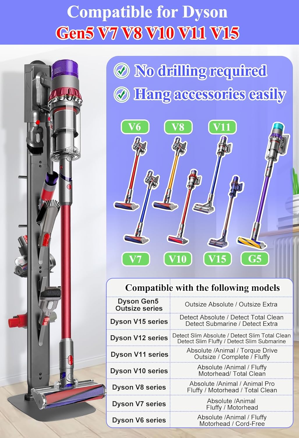 Haturi Premium Vacuum Stand for Dyson Gen5 V15 V12 V11 V10 V8 V7 V6, Metal Attachment Holder with 4 Hooks & 4 Shelves, Hidden Cord Design, Space-Saving Storage Organizer for Dyson Cordless Vacuums With 4 Hooks and 4 Shelves