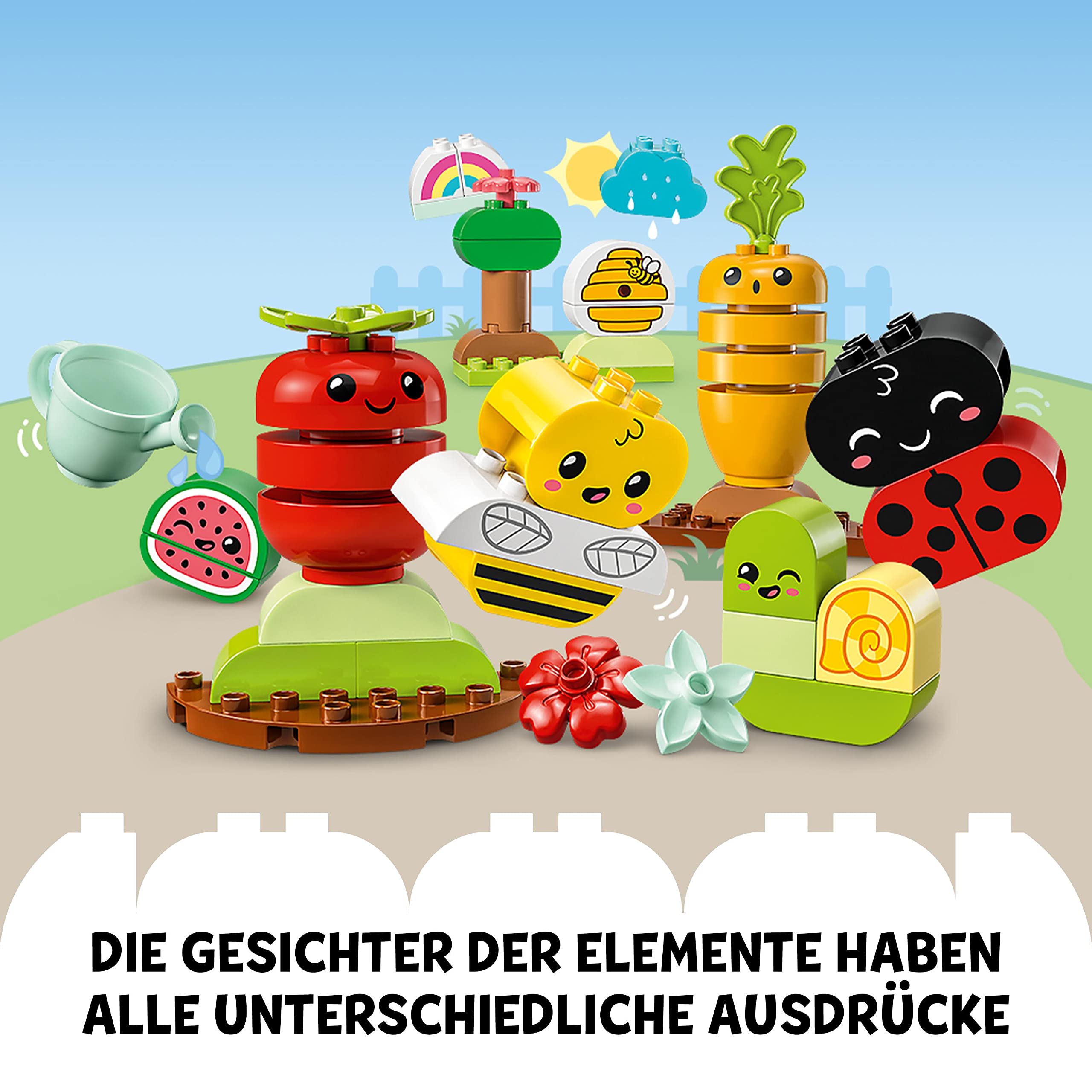 LEGO 10984 DUPLO My First Biogarten Bausteine-Box, Lernspielzeug für Kleinkinder ab 1,5 Jahren, mit Marienkäfer, Hummel, Obst & Gemüse, Stapelspielzeug für Babys