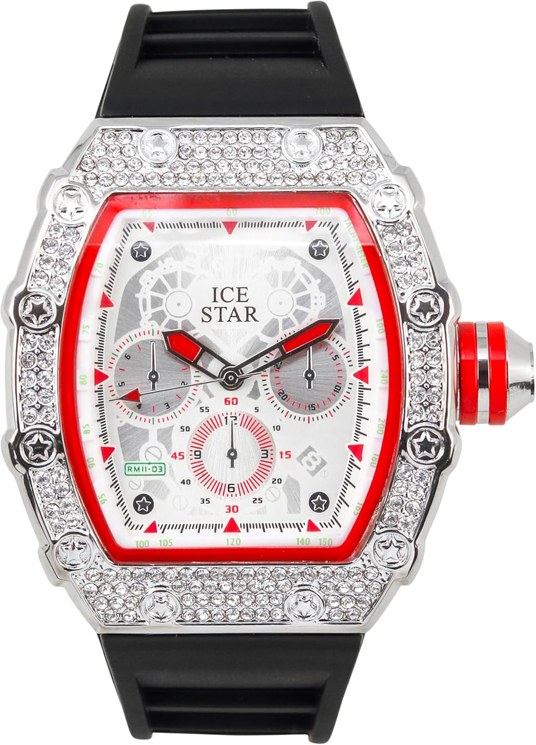 Men's 45mm Iced Out Tonneau Shape Watch, Silicone Band