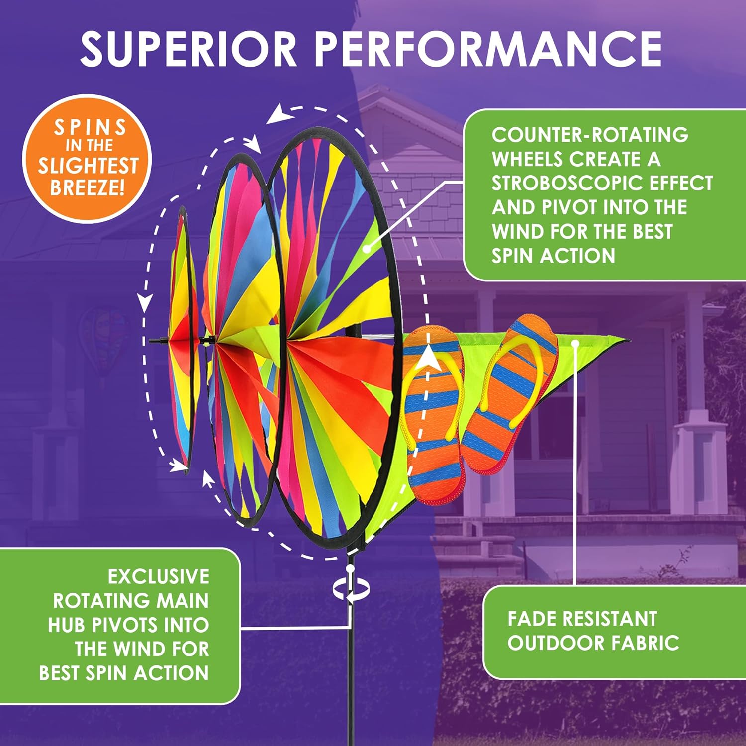 Premier Kites Triple Spinner Flip Flops – Eye-Catching Summer Garden Spinner with Colorful Triple Wheels, Durable Weather-Resistant Fabric, Easy Assembly, Outdoor Décor for Patios, Beach & Poolside