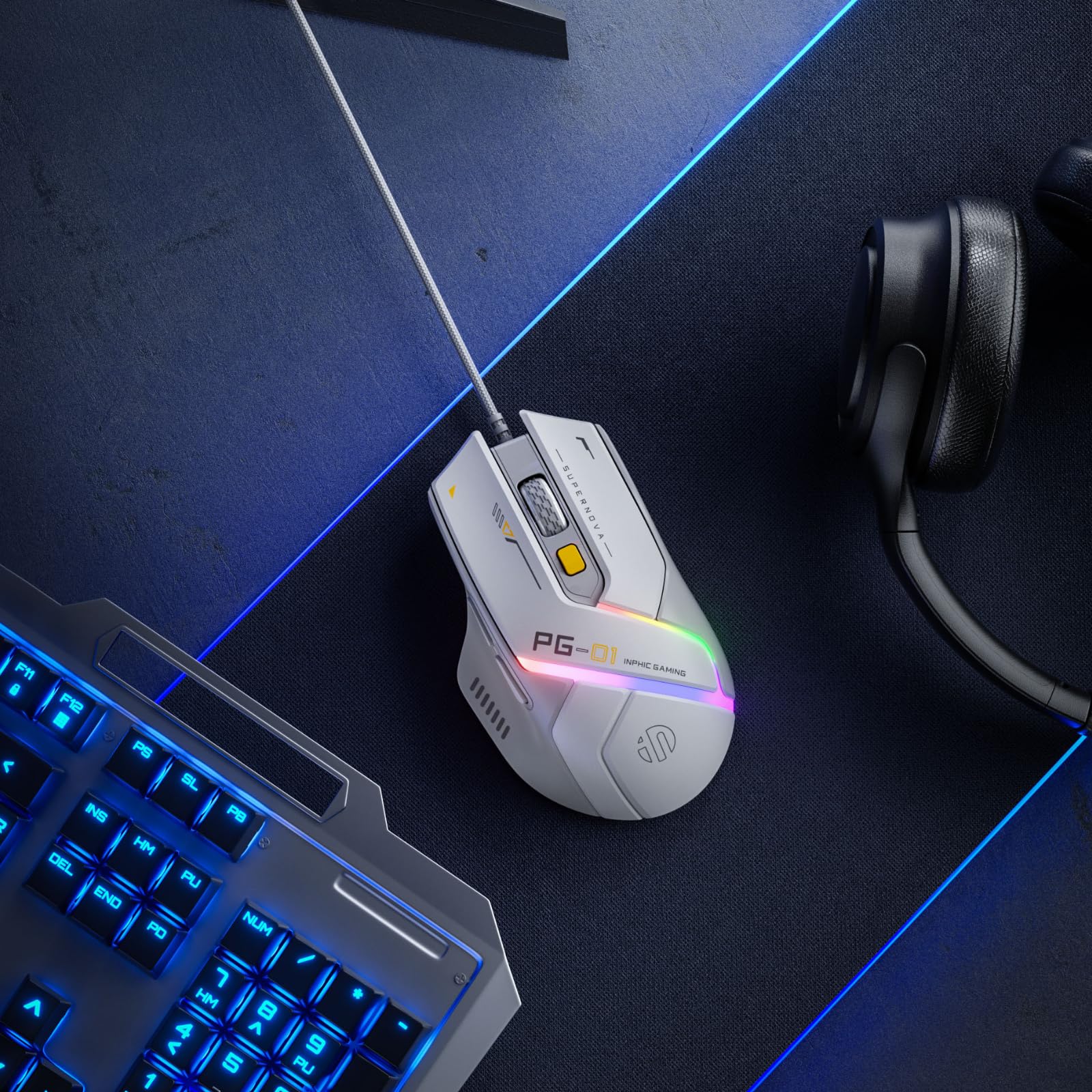 Souris gaming filaire, 12800 DPI réglables, 6 boutons programmables, 12 boutons RGB respirants, souris de jeu optique USB ergonomique, PC, ordinateurs portables et ordinateurs de bureau (blanc)