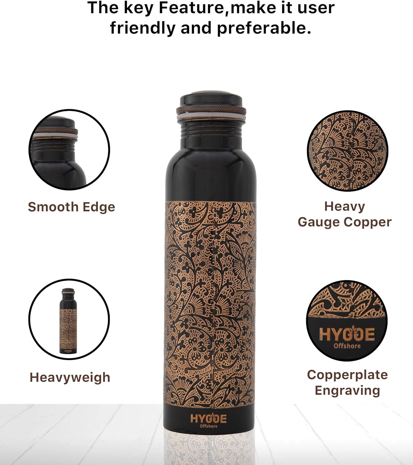 Hygge Copper Water Bottle 34Oz - Leak Proof - Ayurvedic Copper Bottle, Perfect Ayurvedic Copper Vessel For Sports, Fitness, Yoga - Natural Health Benefits - Engraved Antique D1