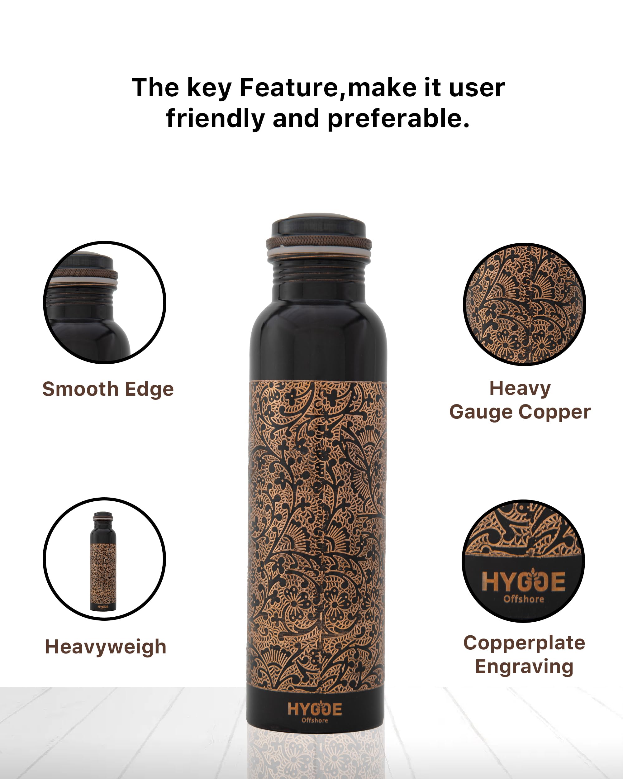 HYGGE Copper Water Bottle, 34 Oz Extra Large, A Antique Engraved Ayurvedic Pure Copper Vessel for Drinking, Drink More Water - Image 3