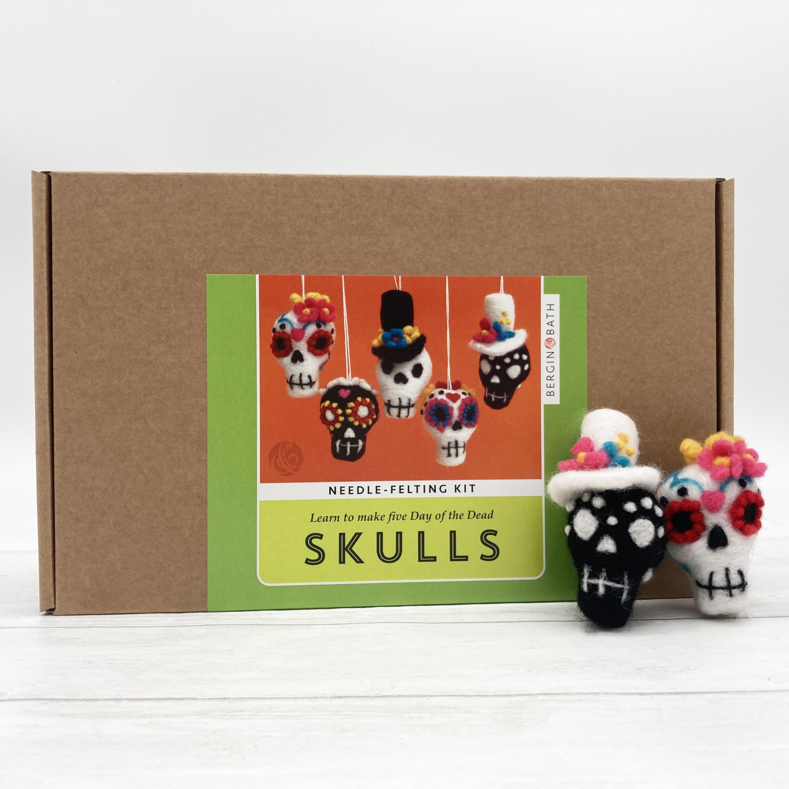 Bergin & Bath Needle Felting kit - Sugar Skulls. Learn to Make Five Halloween Decorations from Natural Wool Fibres.