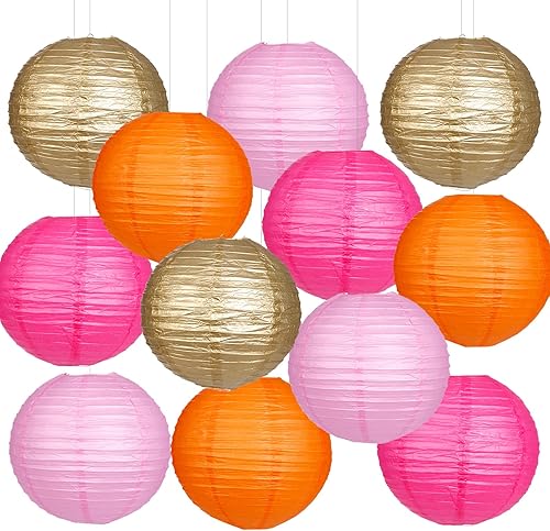 Linternas de papel rosa naranja oro redondas colgantes chinas para decoración de fiesta de cumpleaños, baby shower, despedida de soltera. Paquete de