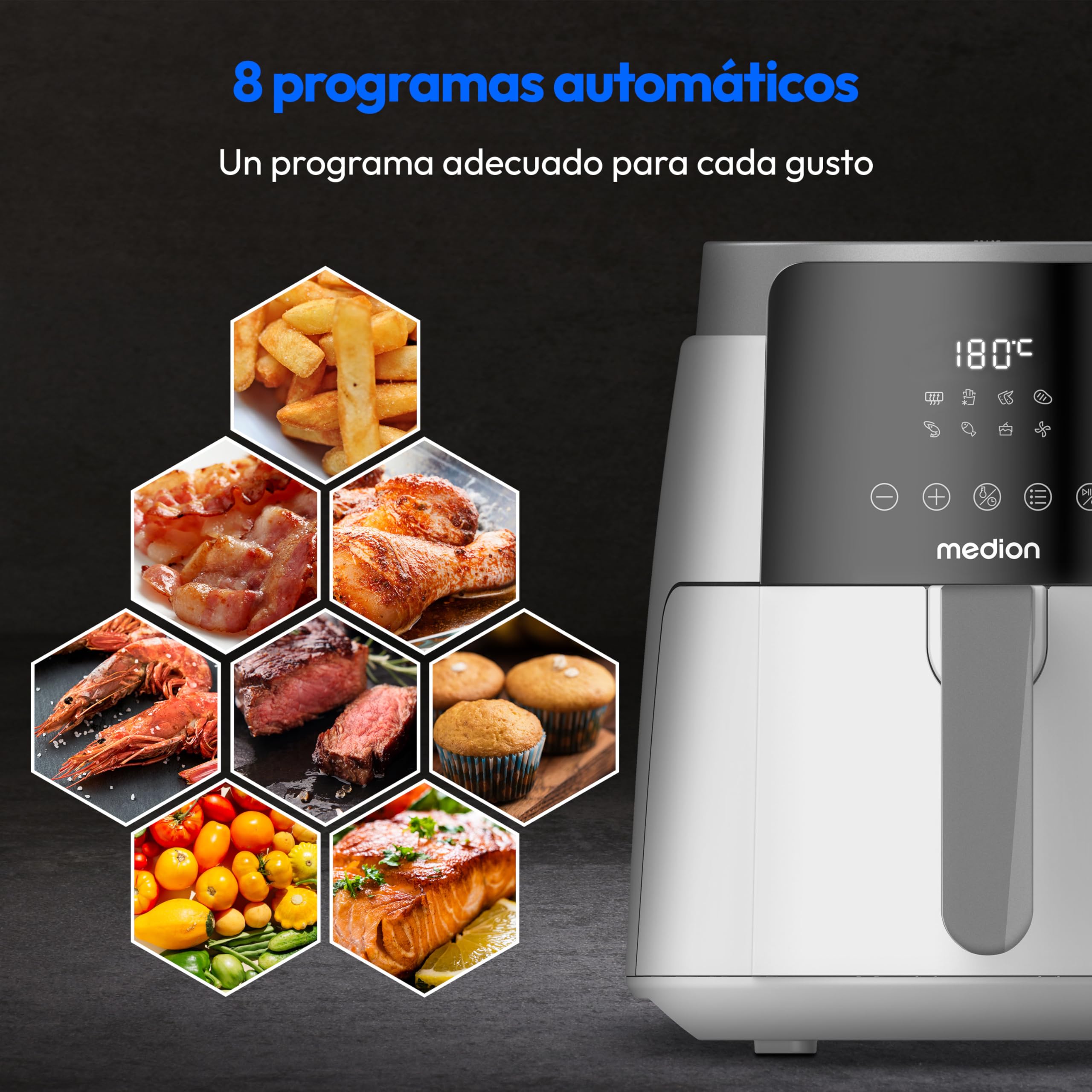 MEDION Freidora de aire caliente P40 L (4,7 litros, 1500 vatios, fácil manejo, freír sin aceite, temporizador de 60 minutos, hasta 200° C, revestimiento antiadherente, MD13030) blanco