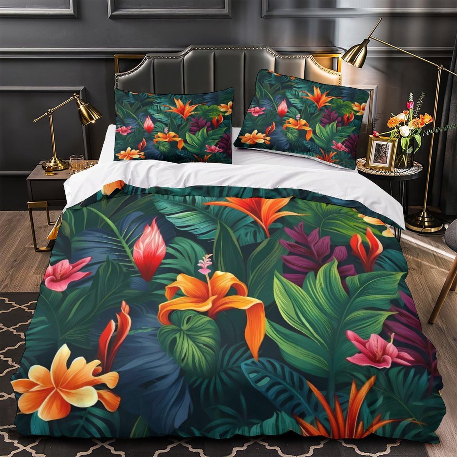Housse de couette 3D imprimé fleurs tropicales en microfibre respirante et lit inaltérable