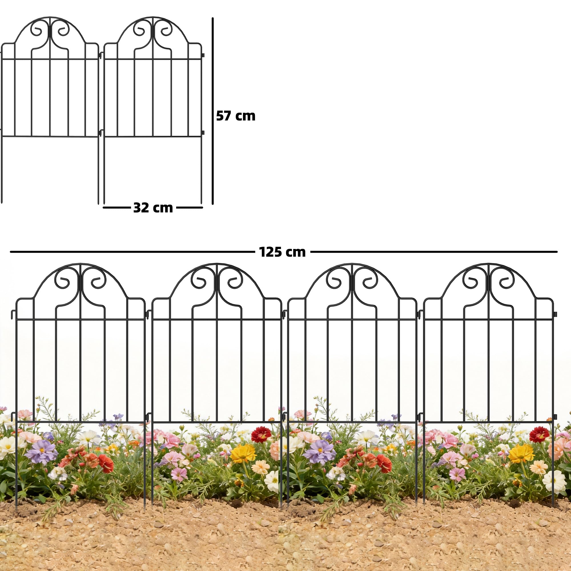 Outsunny Set de 4 Vallas de Jardín de Metal, 125x57 cm, Vallas de Jardín Exterior Decorativas con Diseño Arqueado, Resistente y Fácil de Instalar, para Huerto, Patio, Terraza, Césped, Negro