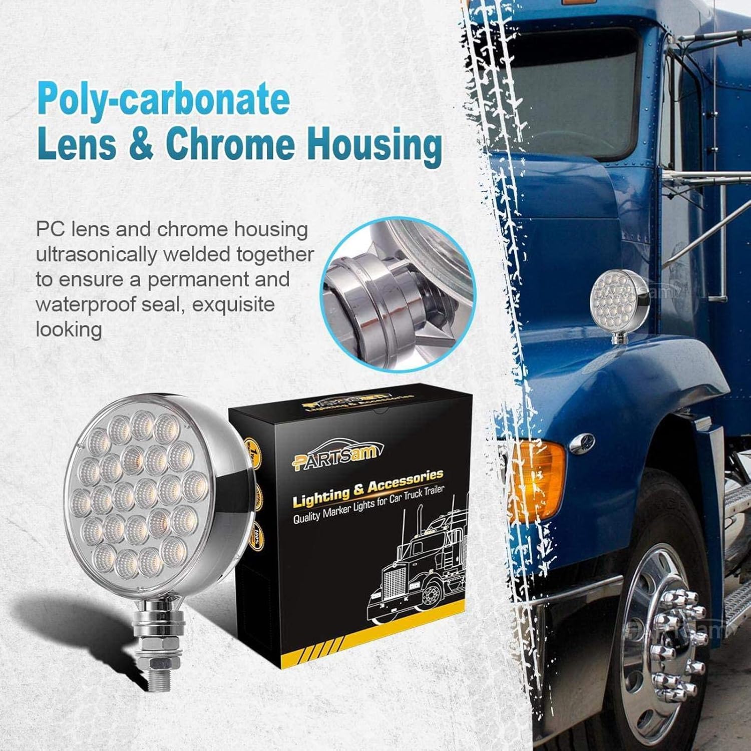 Partsam 2Pcs Double Face Round LED Pedestal Lights Fender Stop Turn Signal Tail Brake Lights Clear Lens 48 LED Post Mount Semi Trailer Replacement for Trailers Trucks, 10-30V