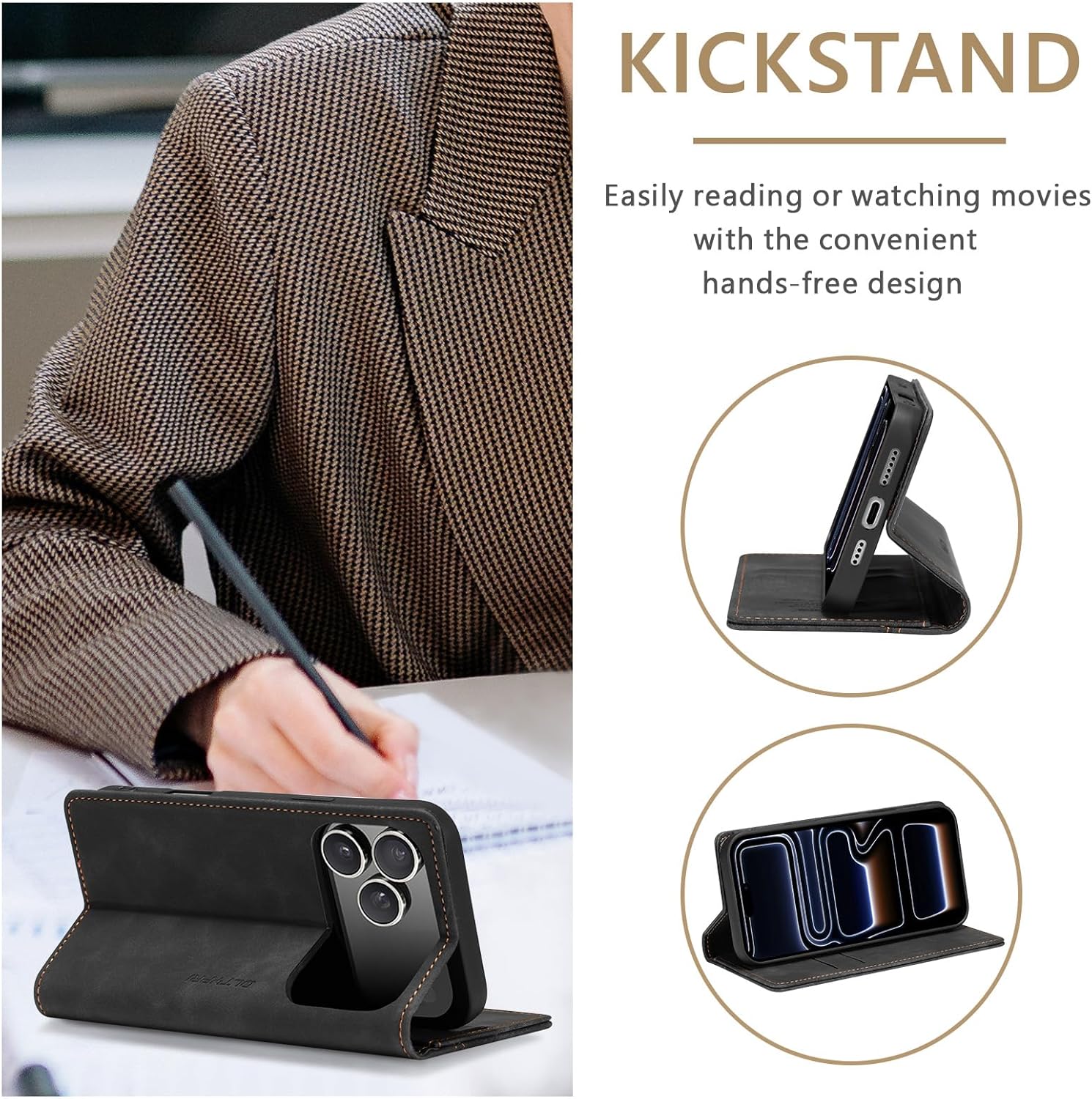 QLTYPRI for iPhone 17 Pro Max Case Wallet with Card Holder, Vintage PU Leather Kickstand Magnetic Closure Shockproof Folio Book Cover Case for iPhone 17 Pro Max - Retro Black - Image 3