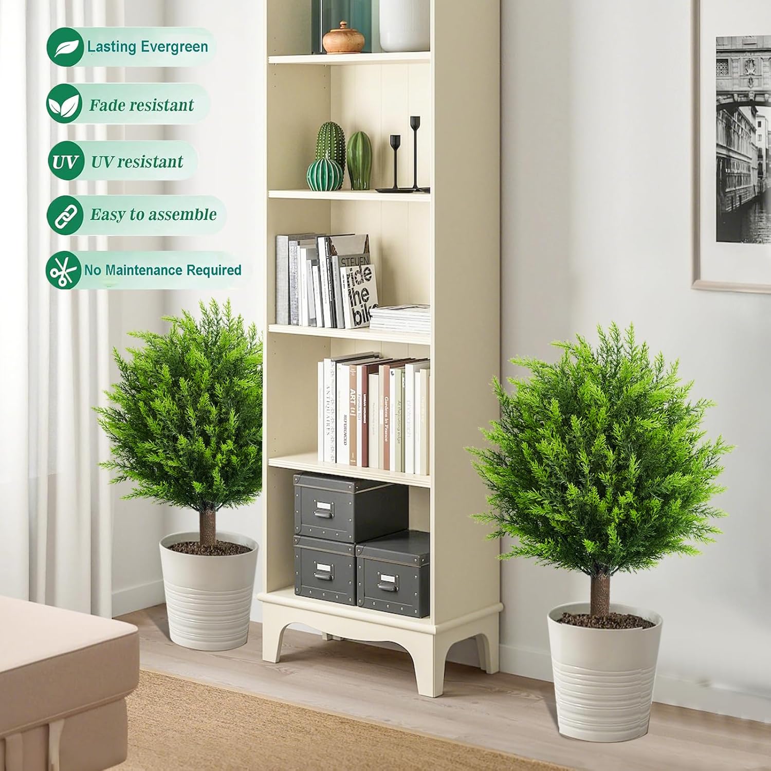 26.5" Artificial Cedar Topiary Ball Trees, Set of 2 UV Resistant Fake Evergreen Trees Shrubs Bushes Artificial Plants with Ground Spike Faux Cypress Plants for Indoor Outdoor Front Porch Garden - Image 5