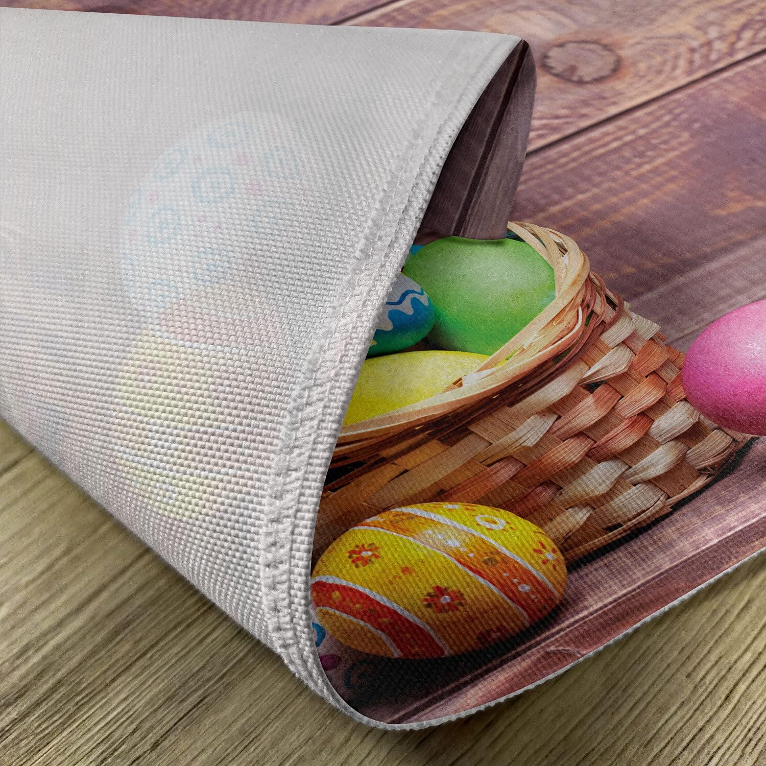 Ambesonne Easter Place Mats Set of 4, Colorful Eggs with Flowers and Polka Dots in a Weave Basket on Wooden Rustic Pattern, Washable Fabric Placemats for Dining Table, Standard Size, Pale Chocolate