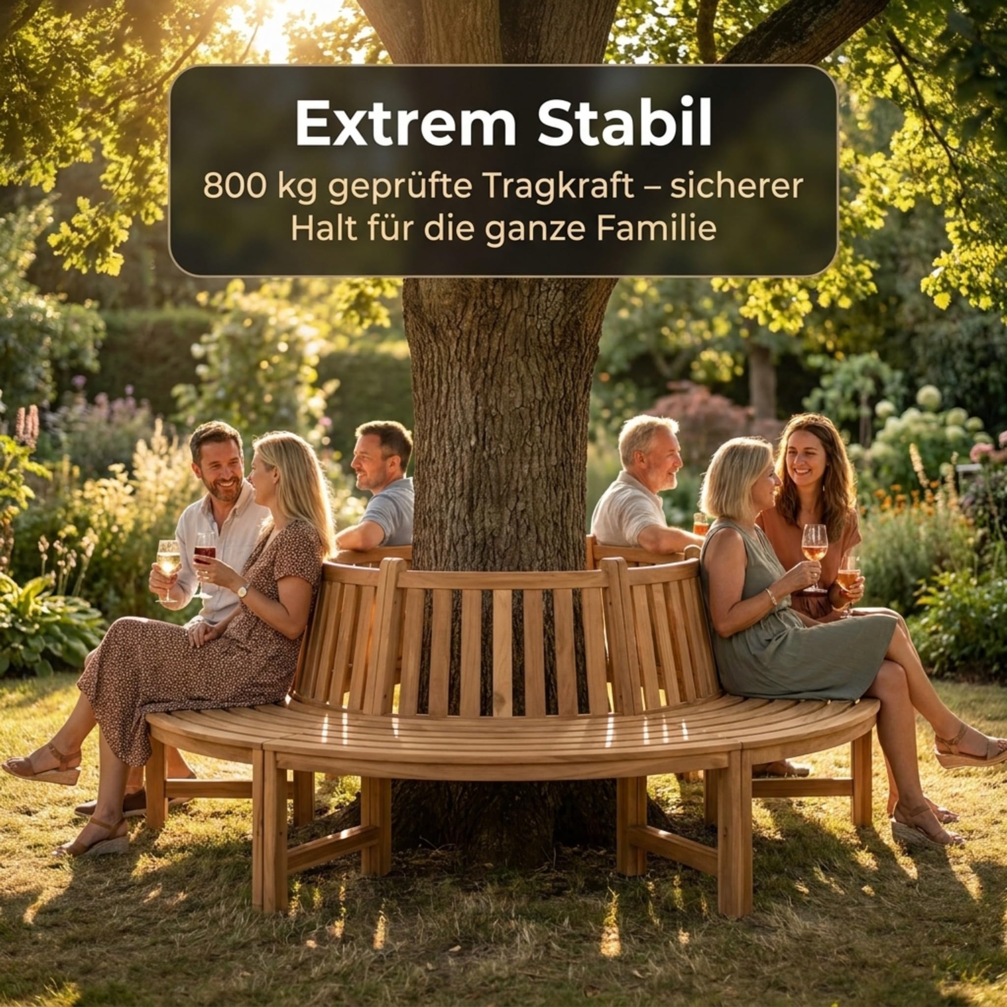 SAM Premium Baumbank Timo rund 220 cm, 360° Rundbank um den Baum aus Teakholz massiv, wetterfeste Gartenbank für bis zu 10 Personen, Holzbank rund für Garten und Terrasse