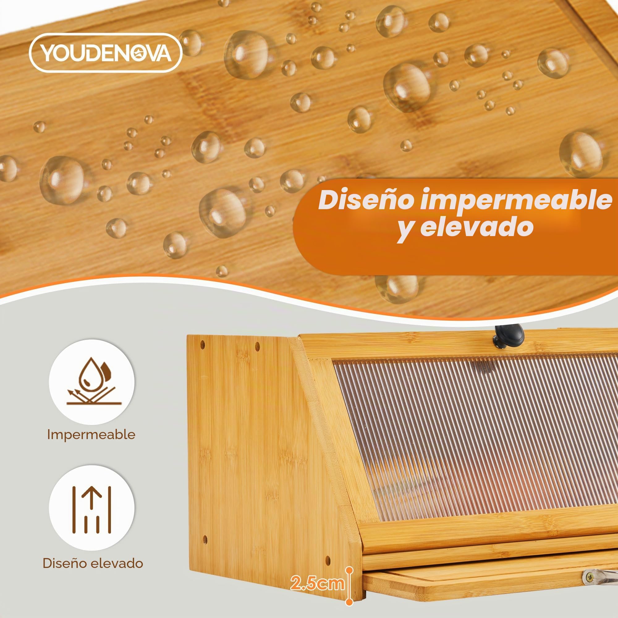 YOUDENOVA Caja para pan con tabla de cortar, caja de almacenamiento de bambú, cajas de pan de madera, caja de almacenamiento para pan, sal y pimienta, 39x25x20 (LxAxH) cm, Natural