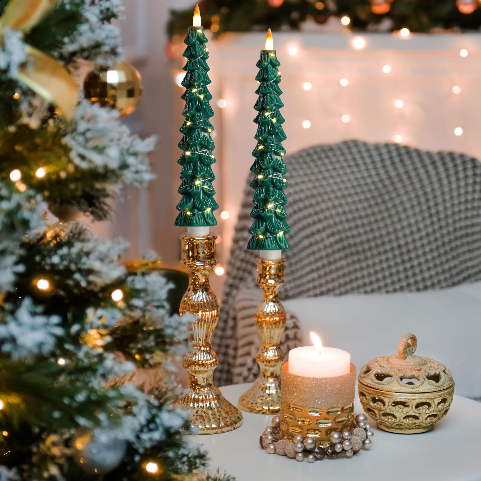 Bougie LED Sans Flamme En Forme De Sapin - Avec Guirlande Intégrée Et Télécommande - Fonction Minuterie