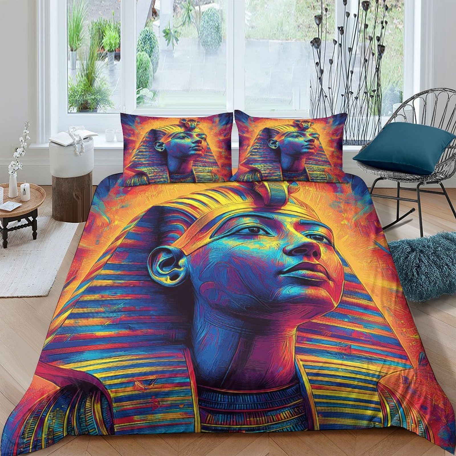 Ctjqhvkz Style-3 3D Printed Pharaoh Art Fitted Sheet Microfiber Vibrant Egyptian Queen Mattress Cover For Bedroom Dorm Decor Single（135X200cm）