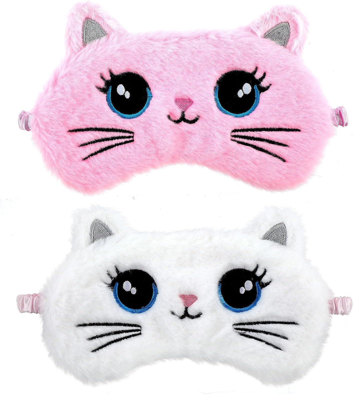 2 Pcs Plush Eye Mask Soft Sleeping Blindfold Eye Cover Comfortable Cute Animal Sleeping Mask Satin Nap Night Eyeshade Cover for Women Men Gift (Pink White Cat Style)