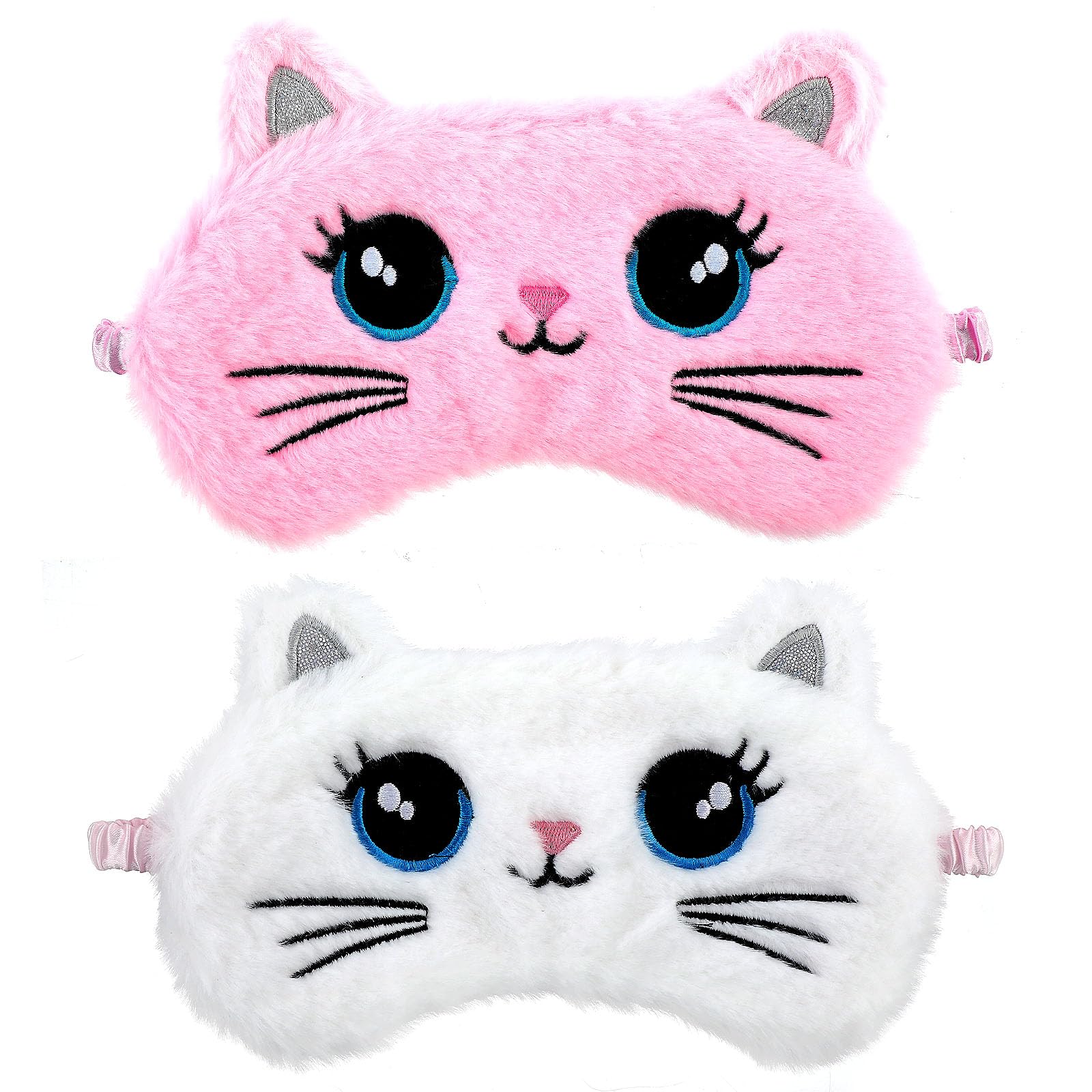 2 Pcs Plush Eye Mask Soft Sleeping Blindfold Eye Cover Comfortable Cute Animal Sleeping Mask Satin Nap Night Eyeshade Cover for Women Men Gift (Pink White Cat Style)
