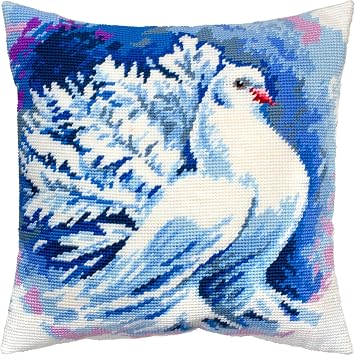 Brvsk Bird Embroidery Kit for Adults and Beginners White Dove 16 16 with Clear, Precise Printed Design on Cotton Canvas; Includes 2 Needles, Yarn, and Easy-Read Chart