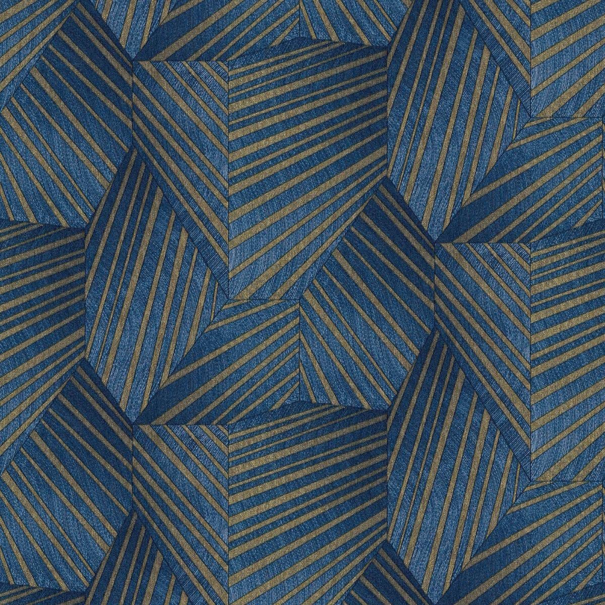 Erismann Geometric Stripe Wallpaper - Blue - Gold Detail - Vinyl - 32cm Repeat