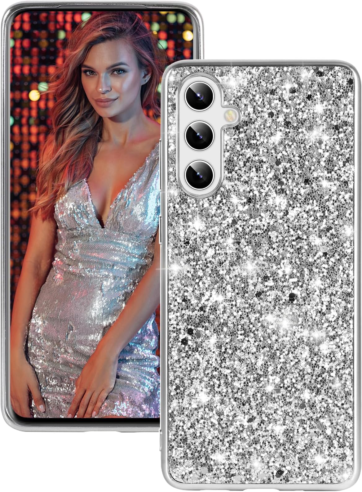 Silicone Case for Samsung Galaxy S25 Plus 5G Case Glitter Sparkle Bling, Hybrid Matte Back Case High Impact Heavy Duty Shockproof Protective Cover for Samsung S25 Plus Cute Case for Women (Silver)