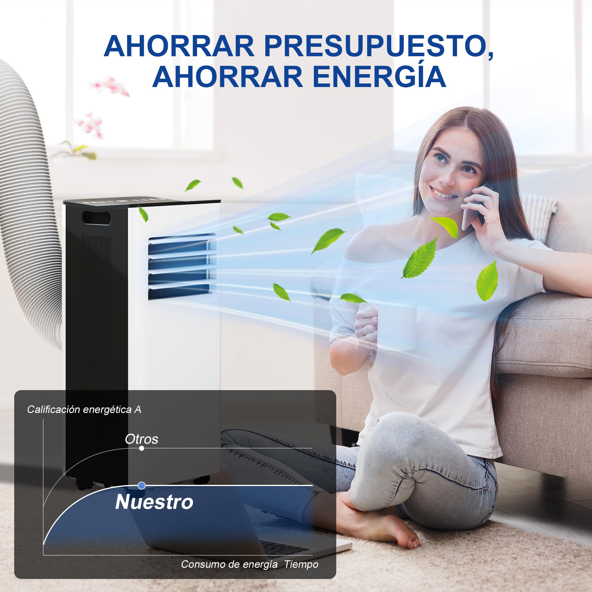 HOMCOM Aire Acondicionado Portátil 3 en 1 9000 BTU Enfriador Ventilador Deshumidificador 24,1 L/Día con Control Remoto Pantalla LED Temporizador 24h 2 Velocidades para Habitación 28m² Blanco y Negro