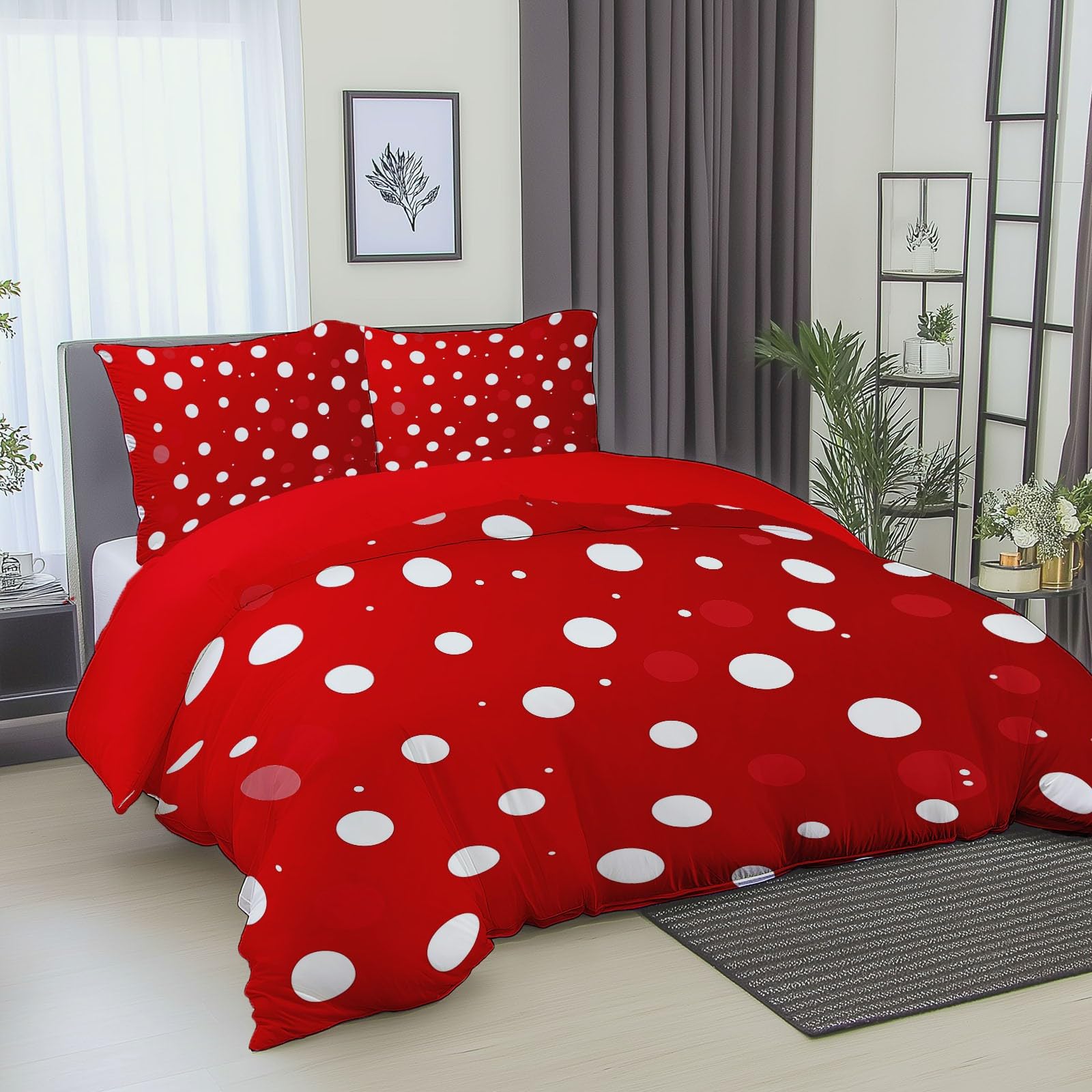 Poszwa na kołdrę 240x260 cm z mikrofibry, pojedynczy zestaw pościeli z geometrycznymi kółkami z 2 czerwonymi poszewkami na poduszki z nadrukiem Dwustronna poszwa na kołdrę na 4 pory roku