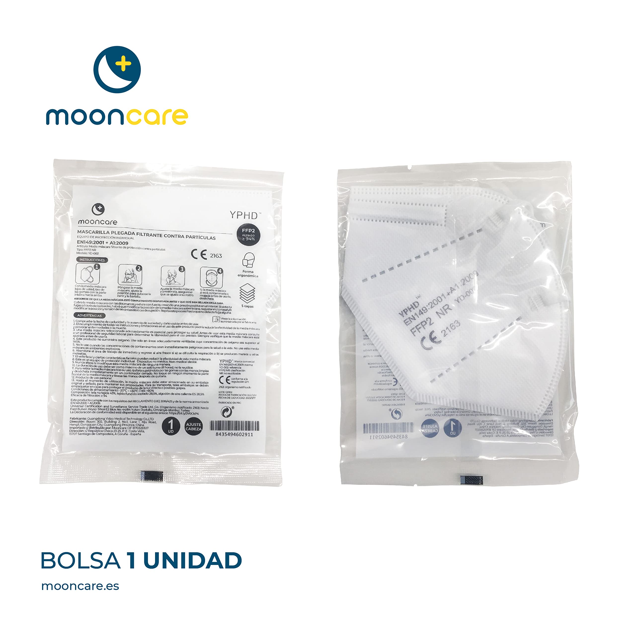 Mascarillas FFP2 Homologadas, 100Uds, Mascarilla con ajuste a cabeza cómoda, CE 2163, Eficacia Filtración >94%