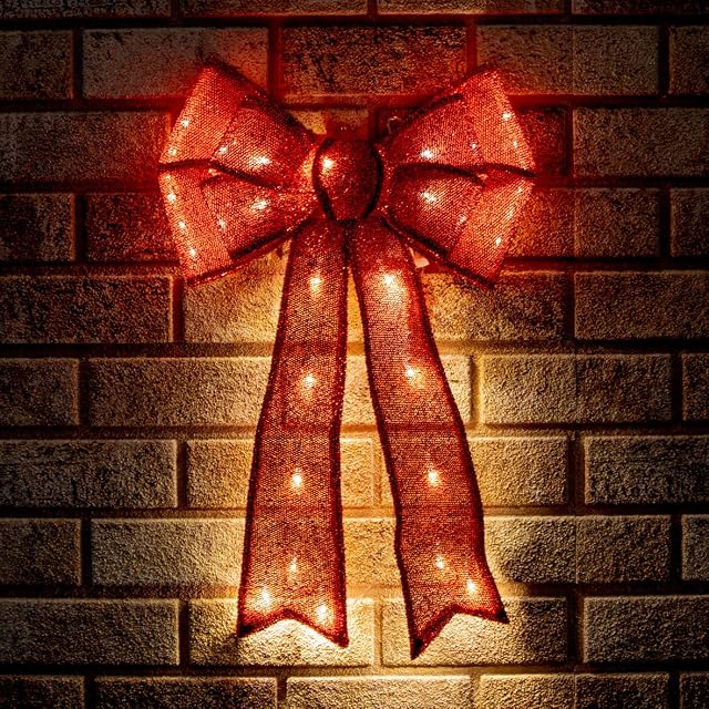 The Christmas Workshop 50cm Light Up Fabric Bows / 25 White LEDs/Battery Powered with Timer Function/Indoor or Outdoor Festive Decoration (Red)