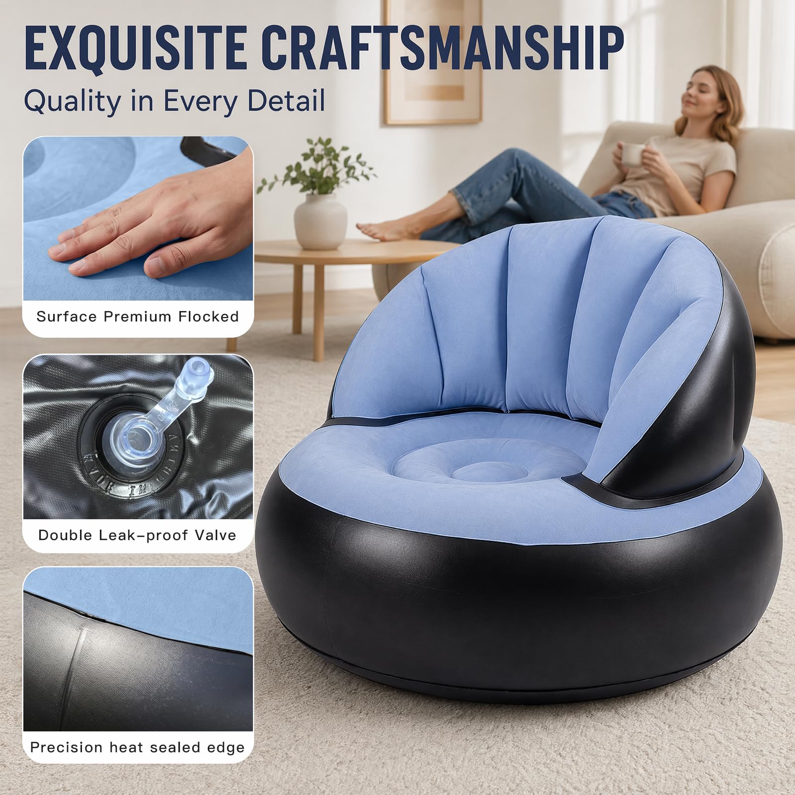 Canapé Gonflable avec Surface Floquée, Étanche Pouf Gonflable avec Pompe, Fauteuil Gonflable Exterieur et Intérieur pour Camping, Voyages, Piscine(Bleu Clair)
