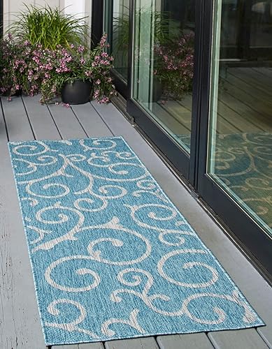 Miniatura 2 de Unique Loom Outdoor Botanical Collection - Alfombra rizada, 2 pies x 6pies 1 pulgada, de pasillo, aguamarina claromarfil