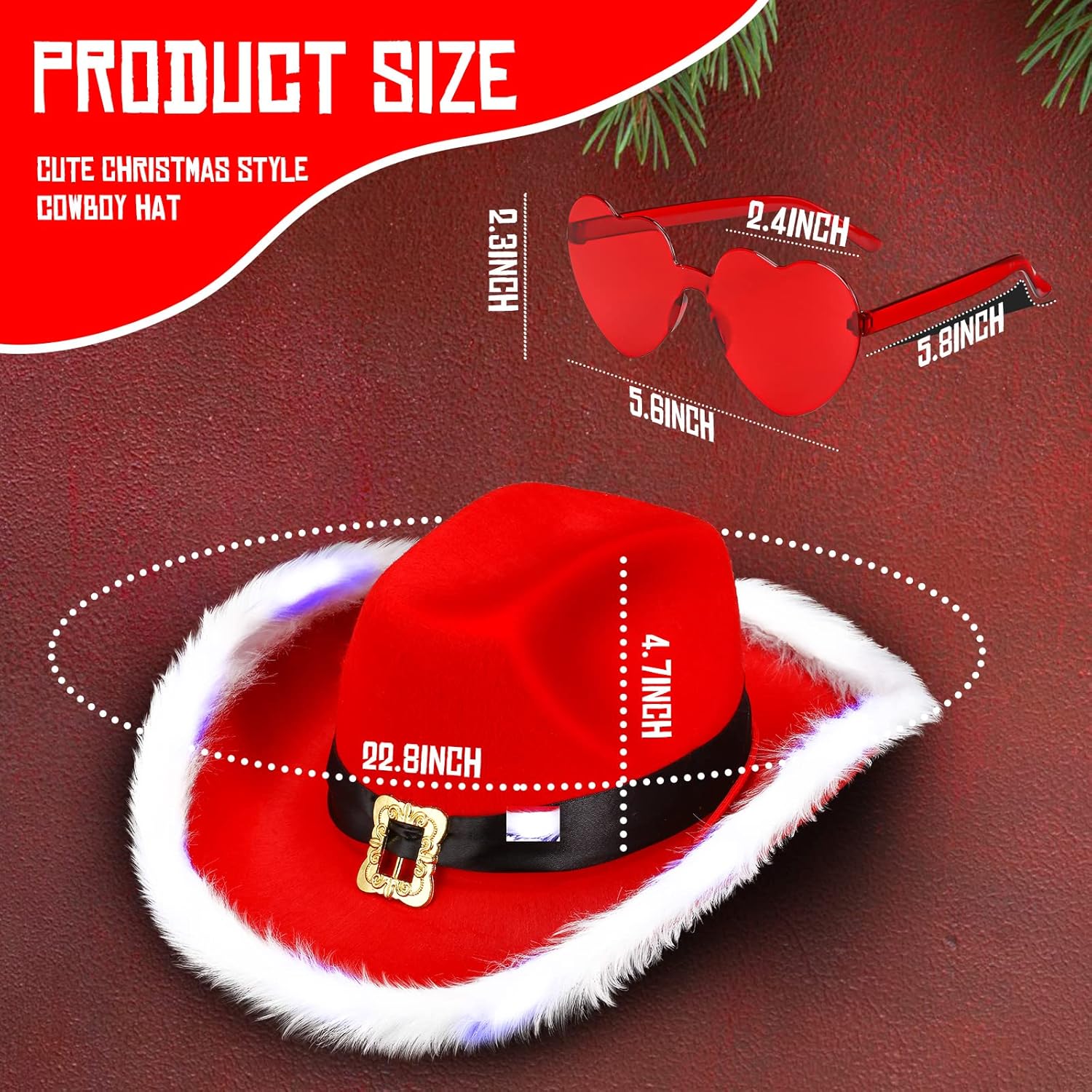 Funtery 6 Pcs Light up Santa Claus Christmas Cowboy Hat with Glasses for Women LED Lights Cowboy Cowgirl Light up Hats Holiday Western Costume Accessory - Image 5