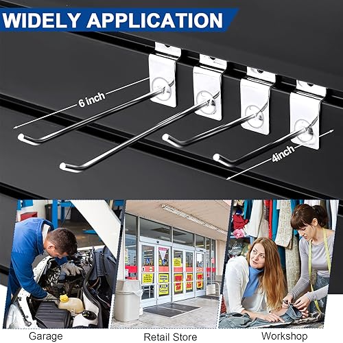 Miniatura 11 de Moxweyeni Paquete de 100 ganchos para paneles de pizarra, accesorios de clavijas resistentes para colgar, soportes de metal para garaje, tienda Negro