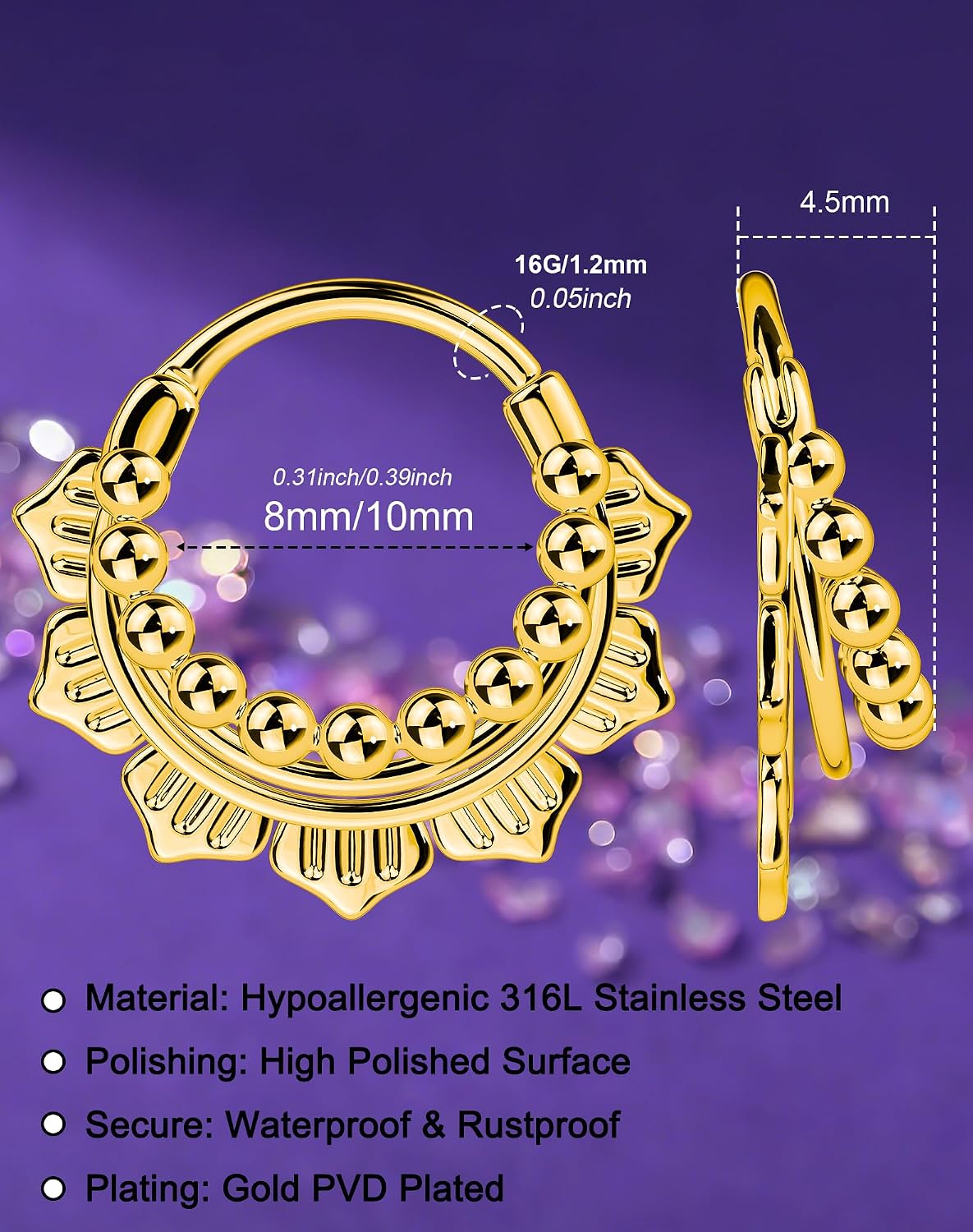 Jewseen 16G 3 Tier Septum Ring Surgical Steel Bead Septum Jewelry Lotus Helix Daith Earrings 8MM 10MM Daith Piercing Jewelry Hypoallergenic