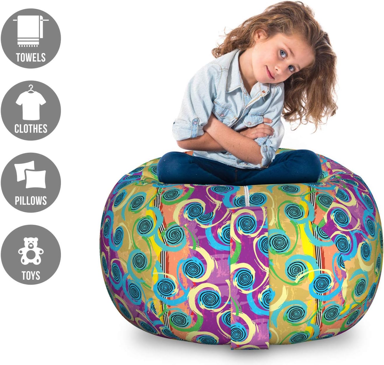 Ambesonne Abstract Storage Toy Bag Chair, Composition of Swirling Scribbles Circular Artwork Colorful Grunge Themed Layout, Stuffed Animal Organizer Washable Bag, Large Size, Multicolor