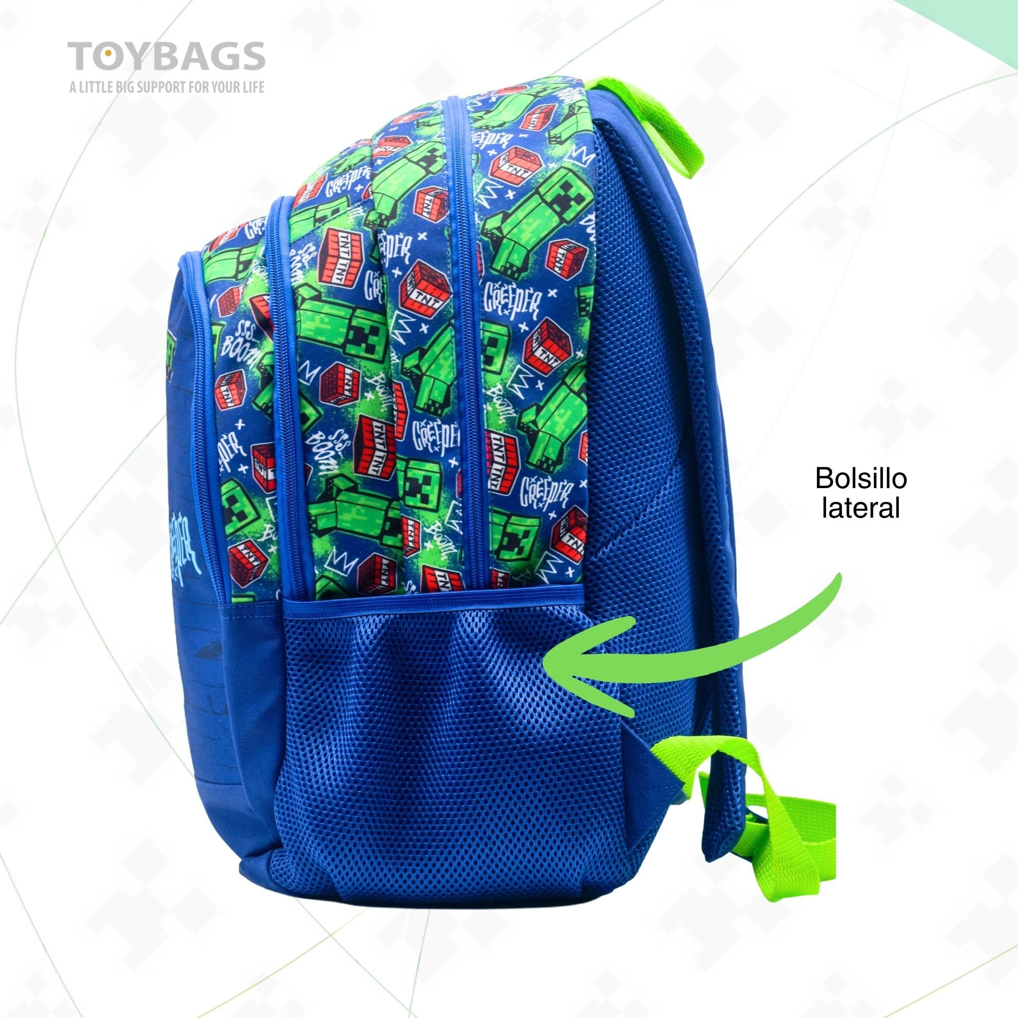 ToyBags Mochila Escolar Minecraft Boom Creeper Doble Compartimento Adaptable con Carro Negro con Protección Lateral y Stoper Frontal Anti Caída 4 Ruedas Giratorias - 44 x 30 x 20 cm