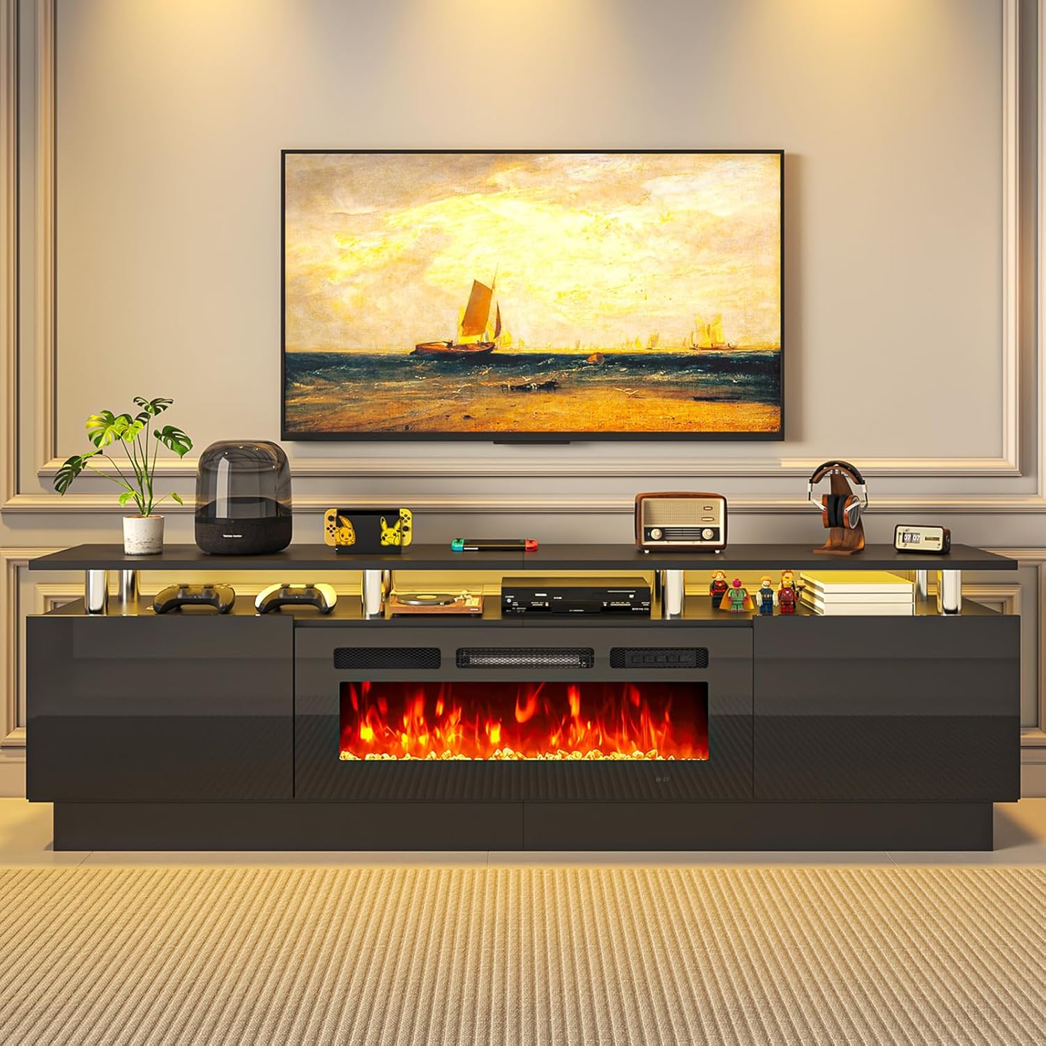 MXV 80" Fireplace TV Stand, Modern Entertainment Center & 36 Inch Electric Fireplace, Remote Control, LED Light, Fire Place Tv Stand for Living Room for TVs up to 90", Black + Black