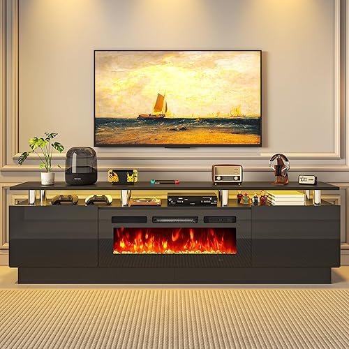 MXV 80" Fireplace TV Stand, Modern Entertainment Center & 36 Inch Electric Fireplace with Remote Control, LED Light, Fire Place Tv Stand for Living Room for TVs up to 90", Black + Black