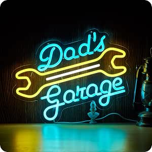 Garage Neon Sign for Wall Decor - Dad's Garage LED Light - Car Signs for Auto Repair Shop, Man Cave, Workshop - Gift for Father - 12.6 x 16.5 inches