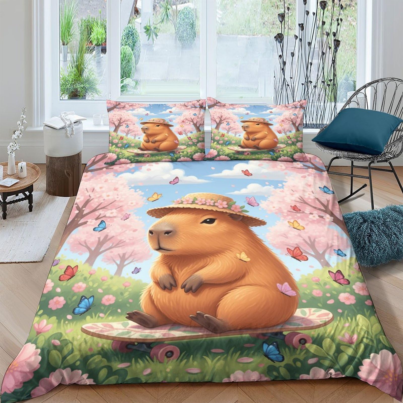 Ctjqhvkz Style-8 3D Printed Cartoon Capybara Fitted Sheet Microfiber Spring Blossom Bed Cover For Bedroom Dorm Mattress Decor Single（135X200cm）
