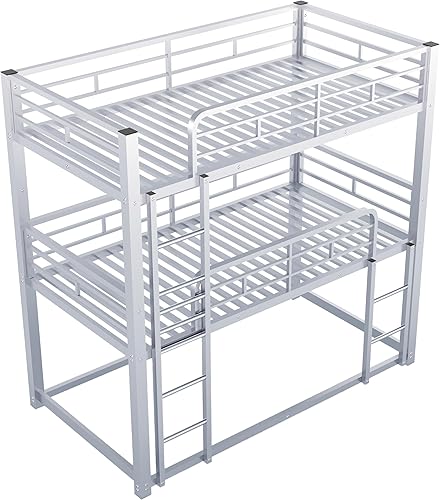 Miniatura 247 de Litera en forma de L individual sobre cama matrimonial adjunta, litera triple de metal con escritorio y tobogán integrados, marco de literas de