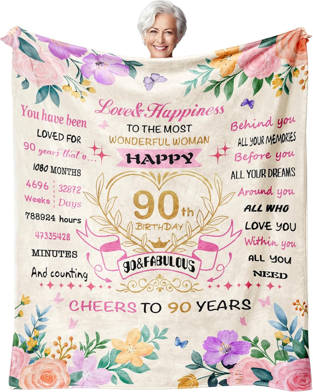 90th Birthday Gifts for Women,Gifts for 90 Year Old Woman,90 Years Old Birthday Gift for Women,90th Birthday Decorations for Woman,90 Year Old Female Gifts Blanket 50"X60"