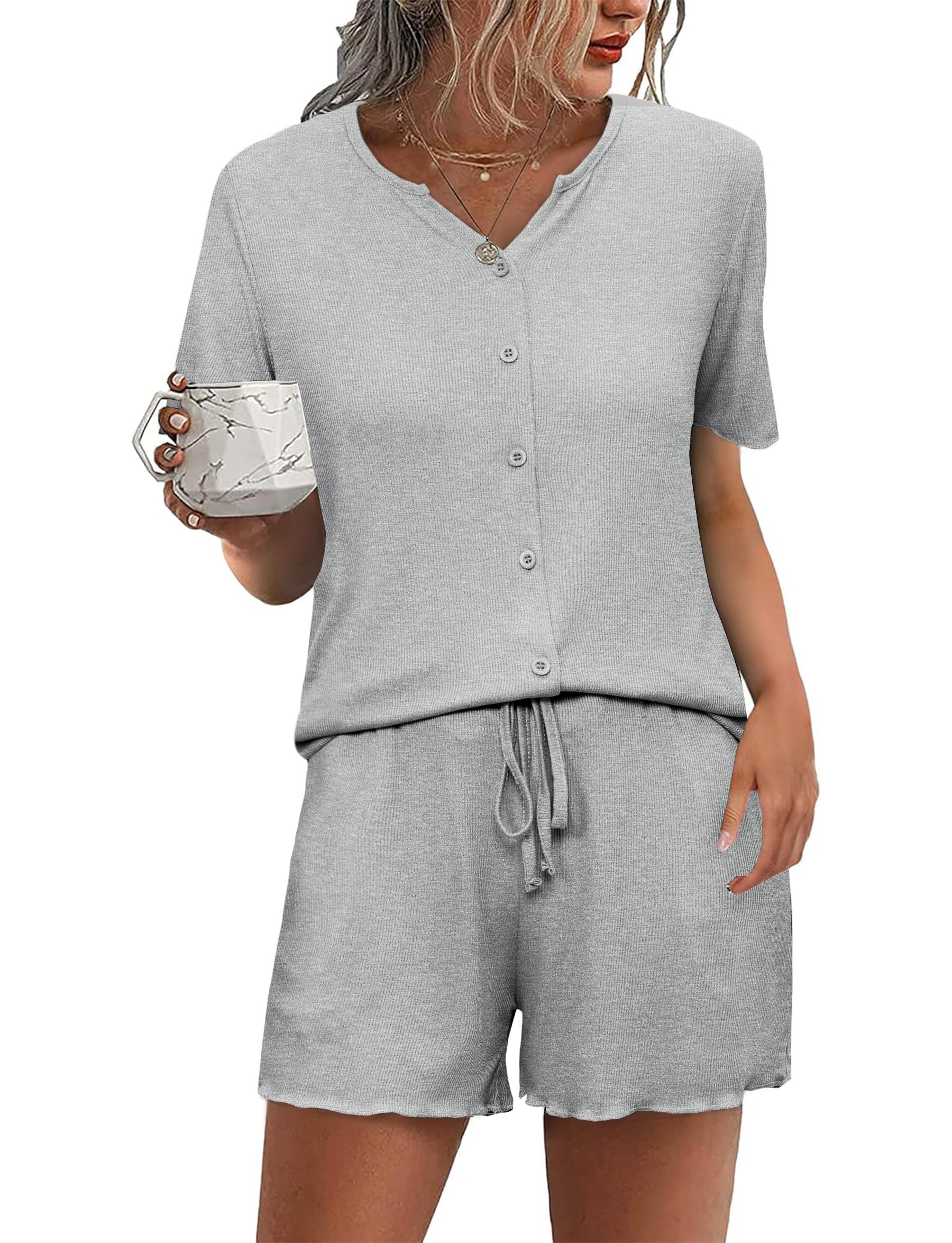 Demegimi Pigiama da Donna Cotone Estivo Corti Set Pigiama con Bottoni Donna Pigiami con Scollo a V Casual da Casa Morbido e Confortevole